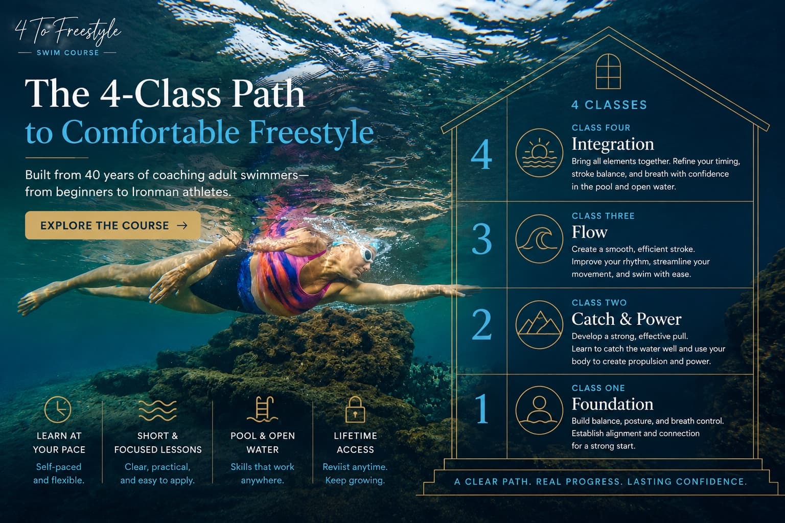 The 4-Class Path to Comfortable Freestyle — built from 40 years of coaching adult swimmers. Four classes: Foundation, Catch & Power, Flow, Integration.